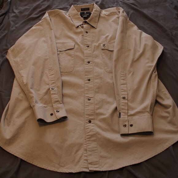 Browning Long-sleeved, Snap Button Down Shirt, Tan, 100% Cotton, Men's 2XL - Picture 1 of 8